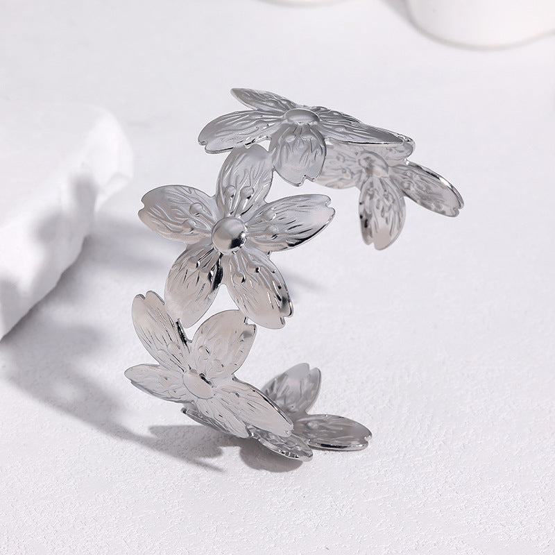 Minimalist Sweet Floral Plated Stainless Steel Bracelet for Women
