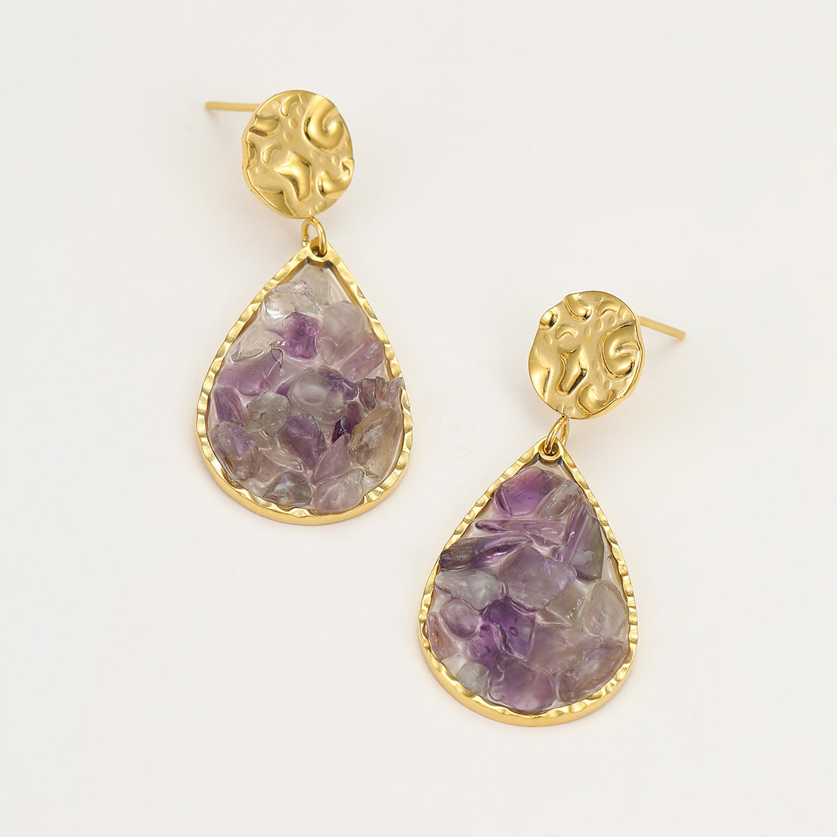 Vintage Minimalist Stainless Steel Waterdrop Pendant Earrings with Natural Stone Inlay for Women