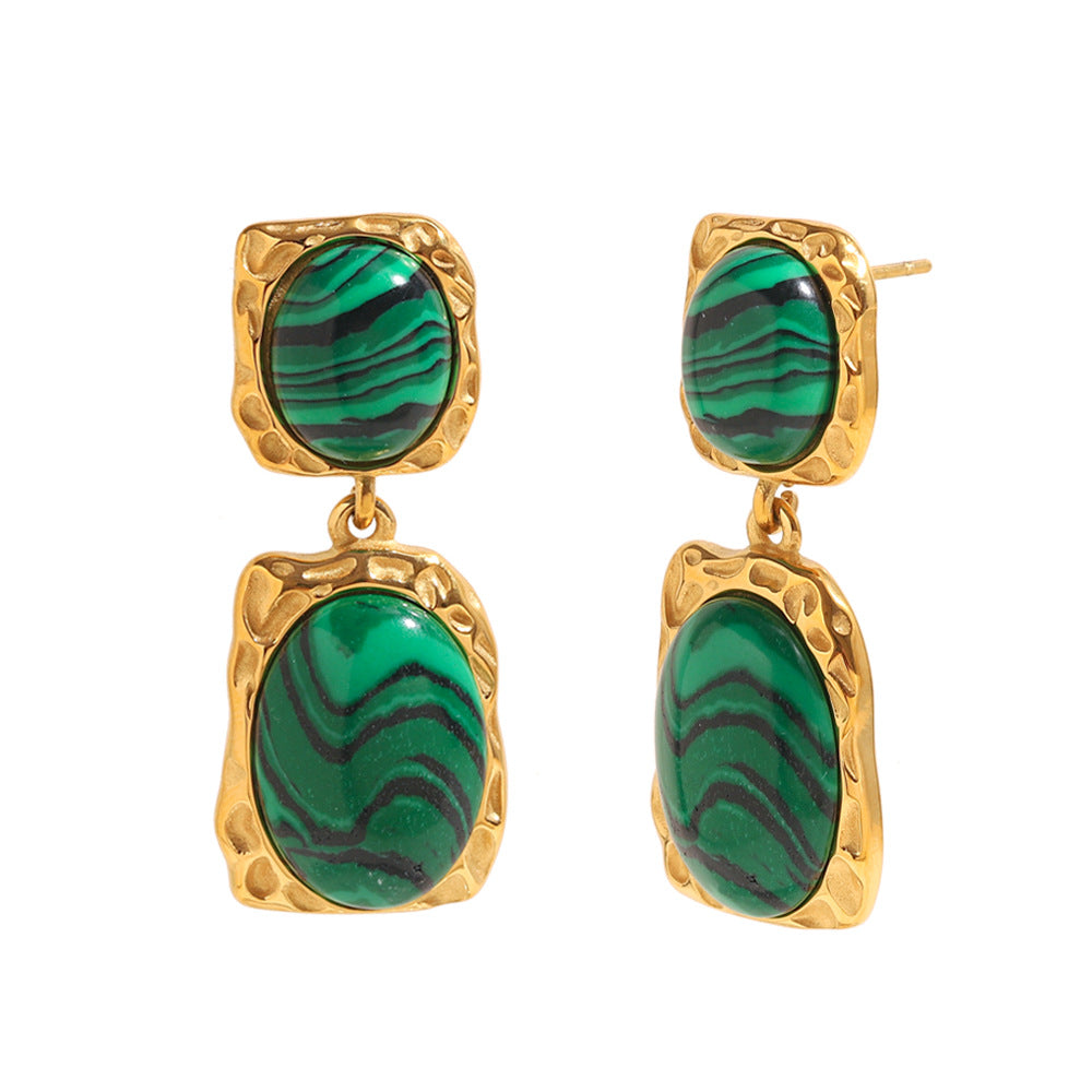 Orecchini di lusso geometrici in acciaio inossidabile con placcatura in oro 18 carati e pendente in malachite
