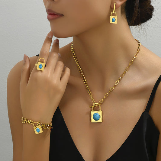 Minimalist Hip Hop Women's Turquoise Inlay Lock Shape Necklace Set with Matching Earrings and Bracelet