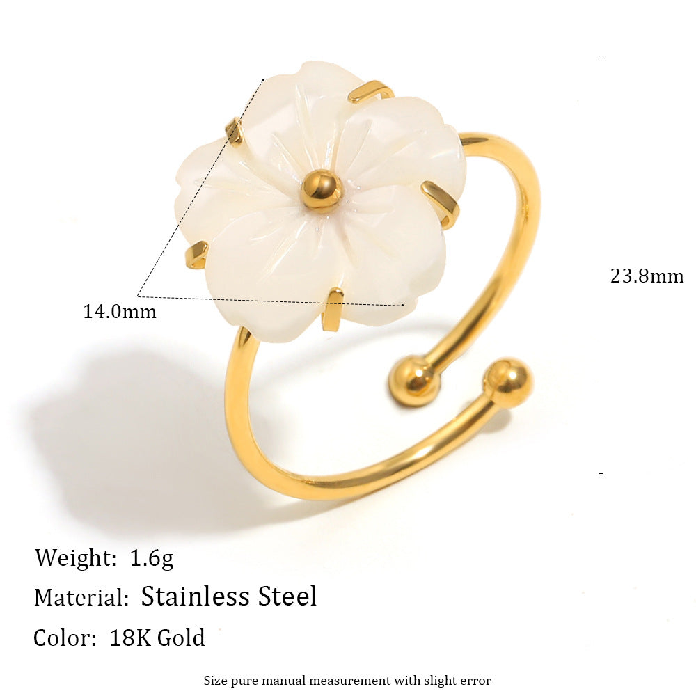 Anillo Abierto Floral Elegante de Inspiración Francesa para Mujer Hecho de Acero Inoxidable con Baño de Oro de 18K e Incrustaciones de Nácar Blanco