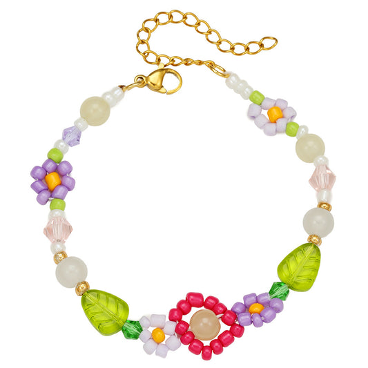 Vintage Handmade Geometric Floral Glass Bead and Pearl Bracelet for Women