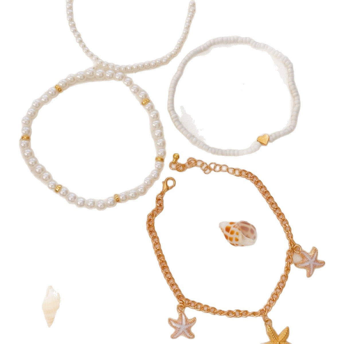 Set di Cavigliere Multistrato da Donna con Perline Geometriche in Resina Boheme e Conchiglie