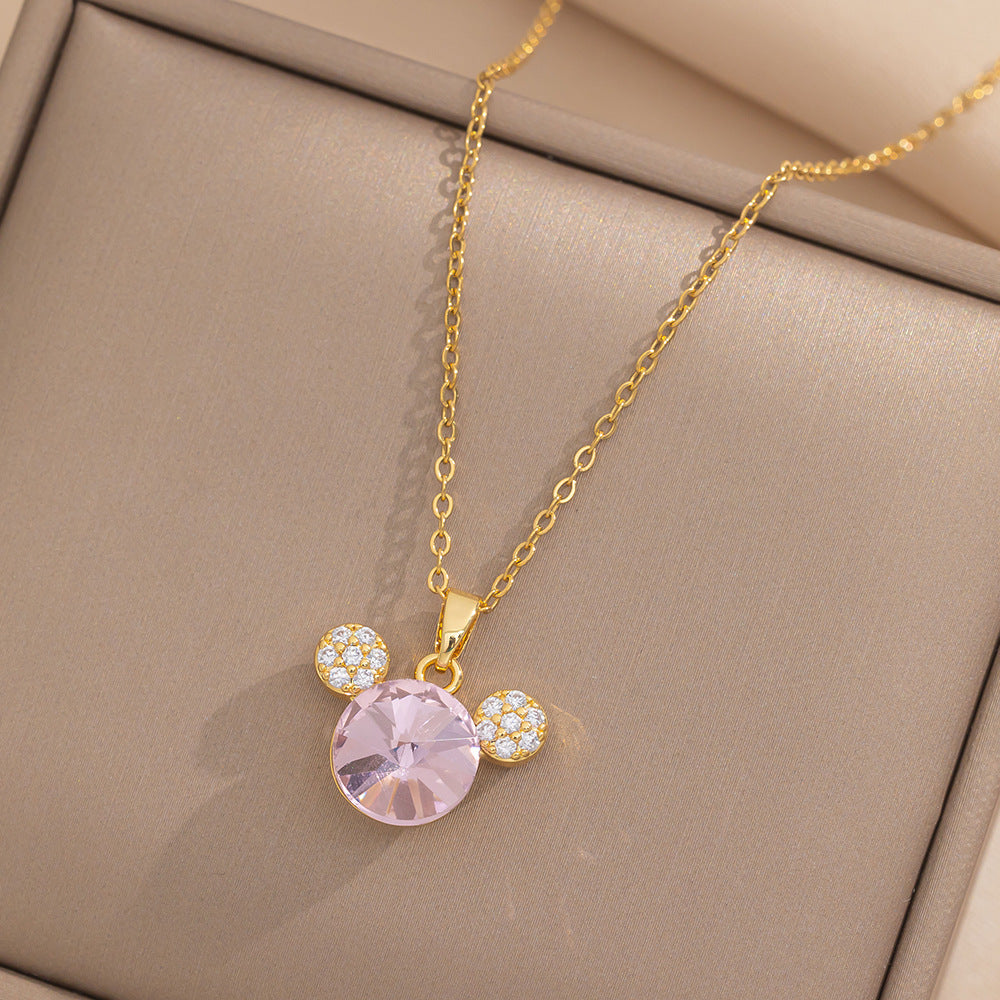 Sweet Korean-Style Cartoon Mickey Mouse Pendant Necklace for Women in Titanium Steel with Gold Plating, Heart-Shaped Cute Pink Zircon Accents on O-Chain
