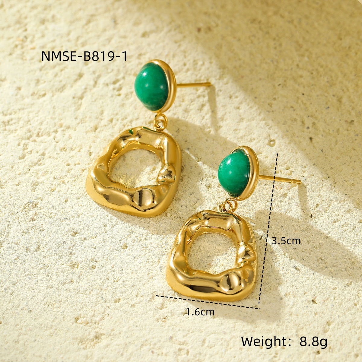 Vintage French-Style Geometric Pleated Pendant Earrings in Titanium Steel with Natural Stone Inlay and Plated Finish
