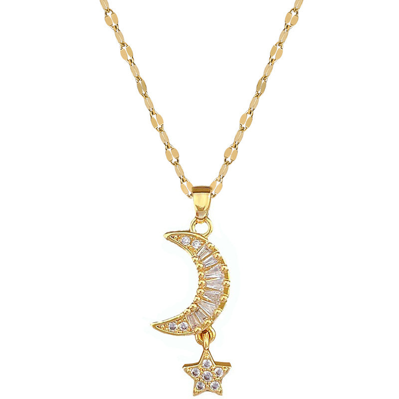 Collana con pendente in acciaio al titanio lusso dolce fresco stella luna geometrica strass unisex