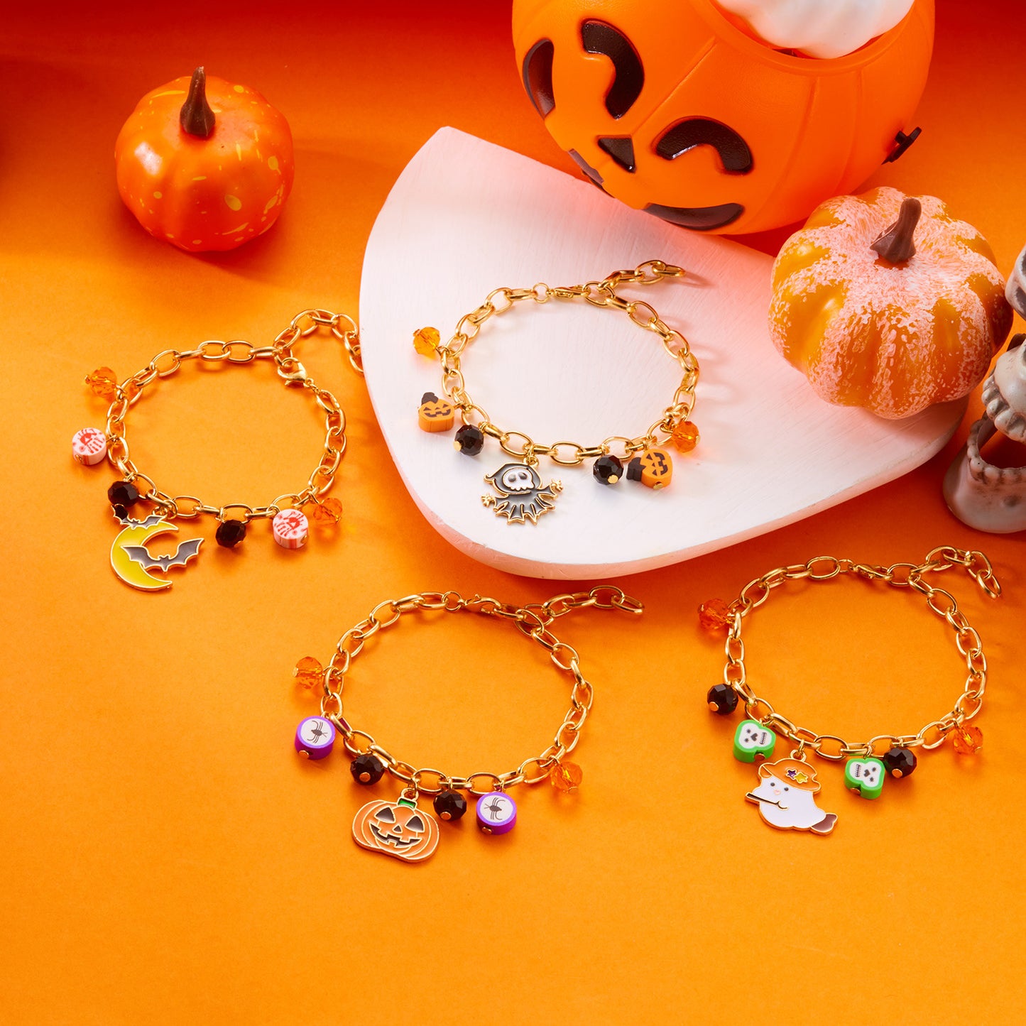 Cartoon-Style Halloween Ghost Pumpkin Bat Multi-Pendant Polymer Clay Bracelet with Plated Alloy