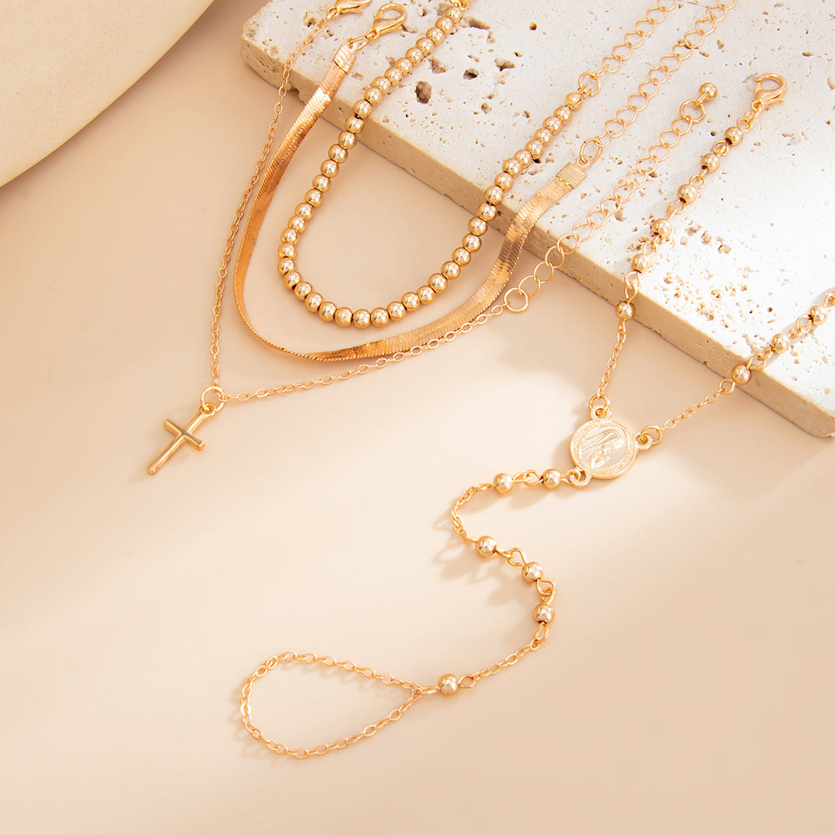 Minimalist Zinc Alloy Plated Cross Snake Chain Bracelet with CCB Beads for Women