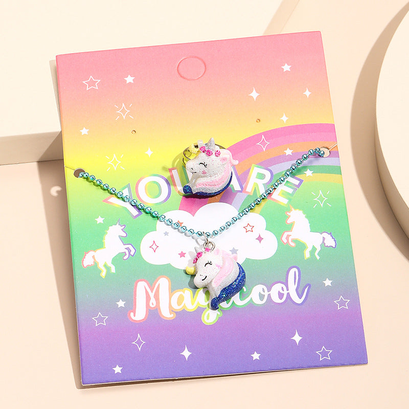 Juego de collares con colgante de animales de dibujos animados para niños, collar de resina de unicornio y dinosaurio con cadena de cuentas