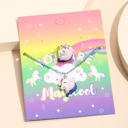 Juego de collares con colgante de animales de dibujos animados para niños, collar de resina de unicornio y dinosaurio con cadena de cuentas