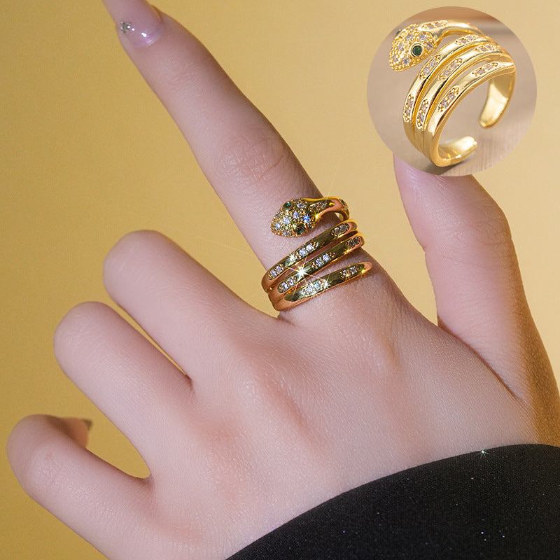 Geometric Snake-Shaped Zirconia-Set Copper Ring with Gold Plating for Women and Unisex — Minimalist Luxury Fashion Ring