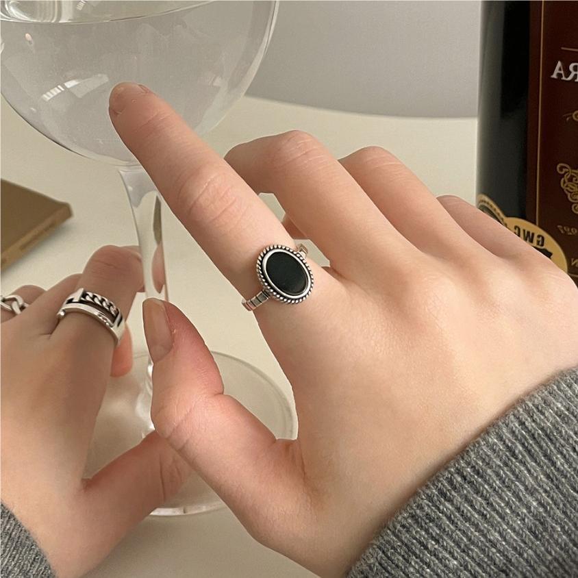 Anello regolabile in argento sterling 925 a forma di fiore, stile vintage francese, con agata nera da donna
