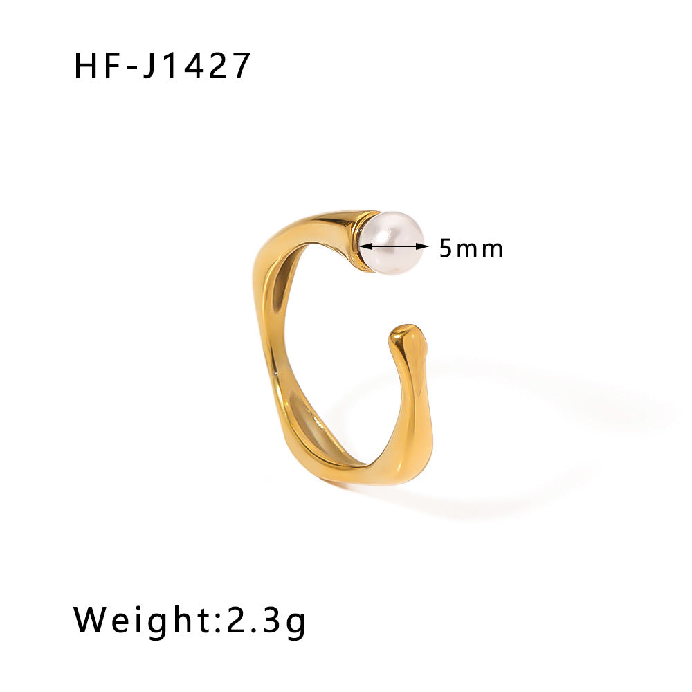 Anello da donna minimalista, irregolare, geometrico, in acciaio inossidabile con intarsio di perle, in acciaio al titanio placcato in oro 18 carati