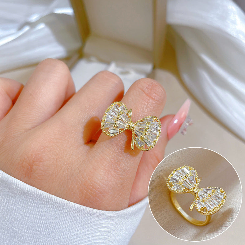 Luxury Minimalist Plated Brass Crown Rhinestone Adjustable Ring for Women