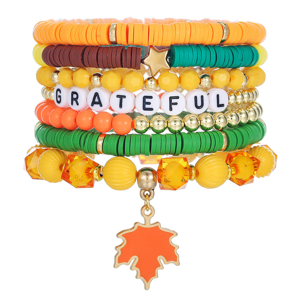 Geometric Resin Brass Acrylic Bracelet Set with Turkey Maple Leaf Pumpkin Letter Charms