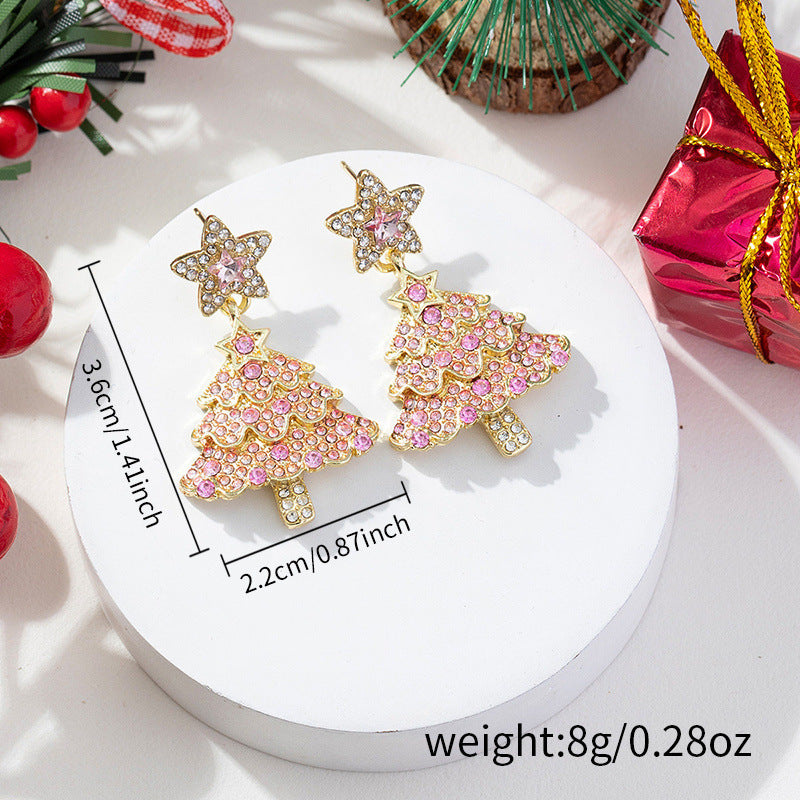 Pendientes de estrella de árbol de Navidad rosados de moda para mujer, aretes geométricos chapados en aleación con temática festiva de vacaciones