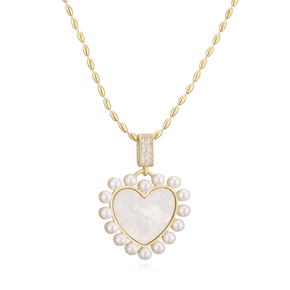 Minimalist 18K Gold Plated Brass Heart Necklace with Cubic Zirconia and White Shell Pearl for Women