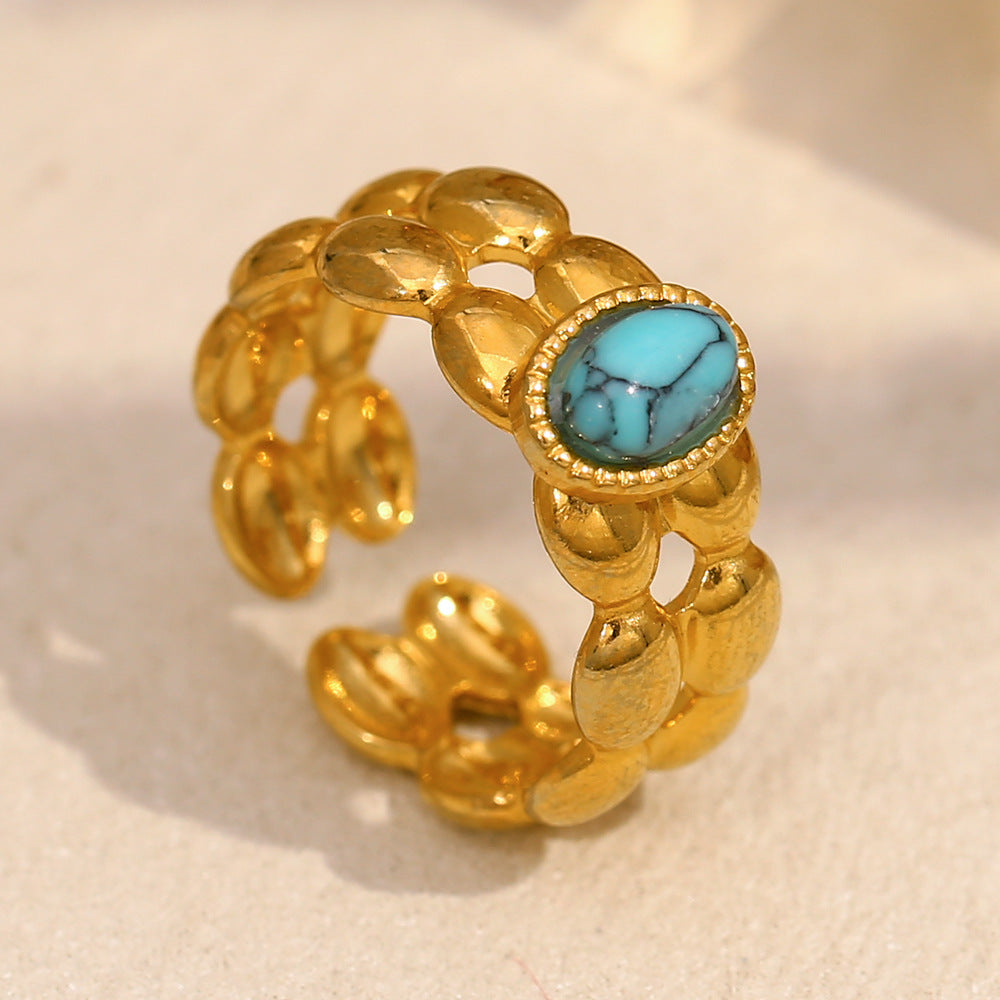 Anello Minimalista Geometrico da Donna in Acciaio Inossidabile Placcato Oro 18K con Intarsio Turchese