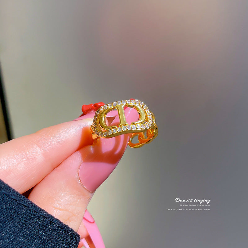 Anillo abierto ajustable minimalista para mujer con forma de corona, banda de latón e incrustaciones de circonita, joyería de moda en tonos fríos