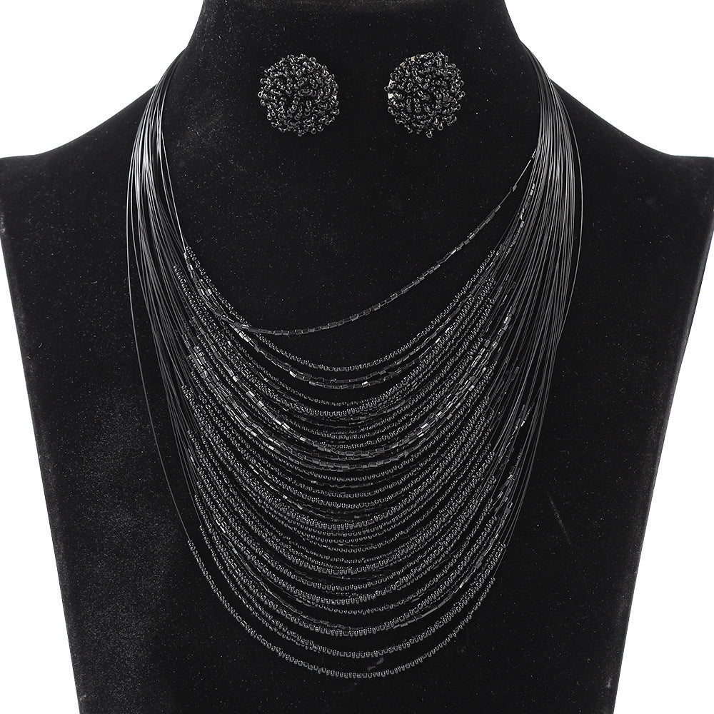 Bohemian Multi-Layer Glass Seed Bead Necklace and Earrings Set for Women with Pearl Chain and Four-Bean Pendant