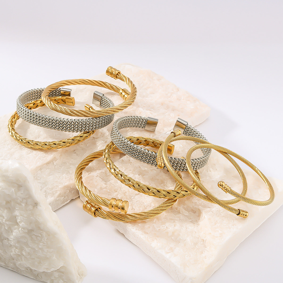 Minimalist Geometric Textured Titanium Steel Bracelet with 18K Vacuum Gold Plating for Women