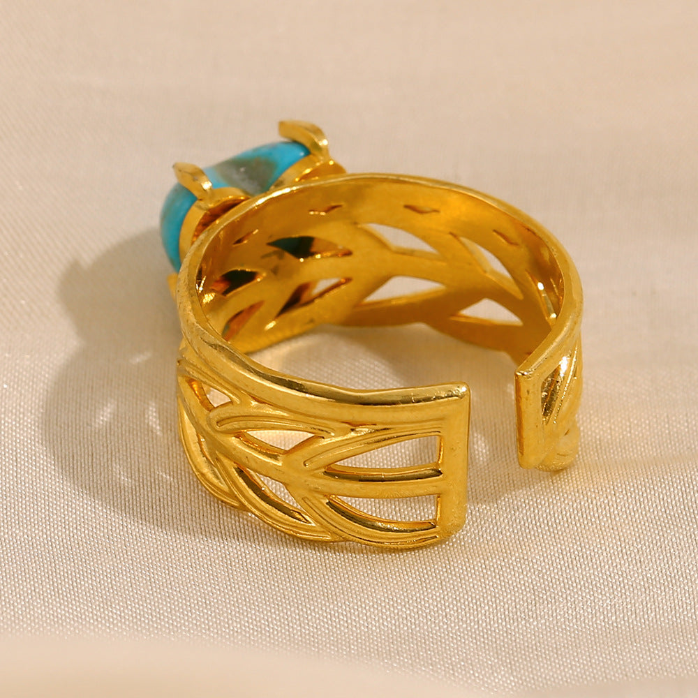Vintage Style Geometric Turquoise Heart Opening Ring in Stainless Steel with 18K Gold Plating for Women