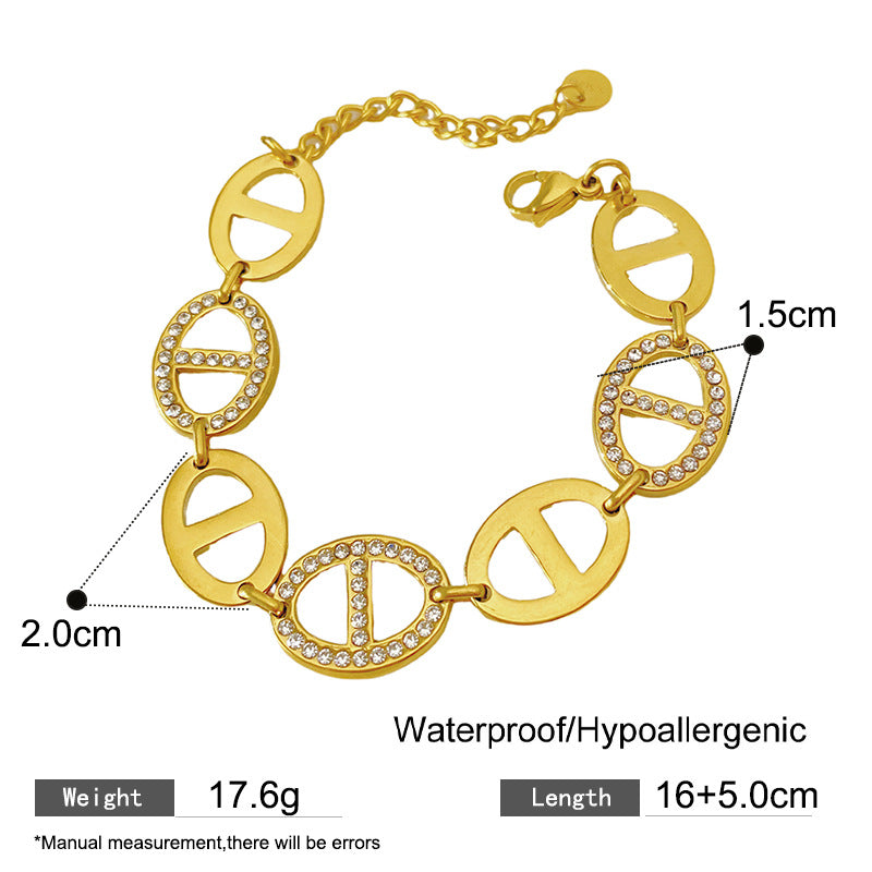 Sweet Streetwear 18K Gold Plated Oval Geometric Titanium Steel Bracelet with Cubic Zirconia
