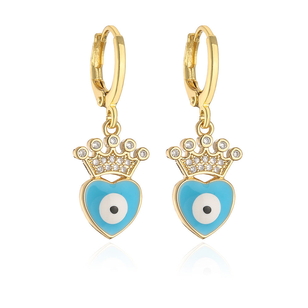 Elegant French-Style Geometric Eye and Heart Earrings for Women in Copper with Gold Plating and Enamel Finish