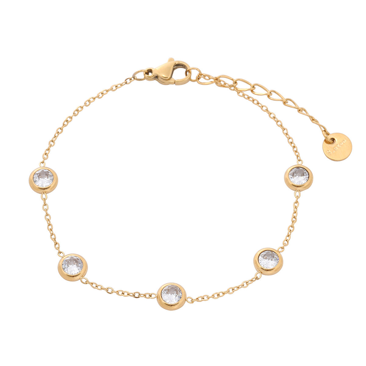 Pulsera de acero inoxidable con diseño geométrico redondo y diamantes de imitación para mujer, acabado chapado, aspecto lujoso, resistente al deslustre