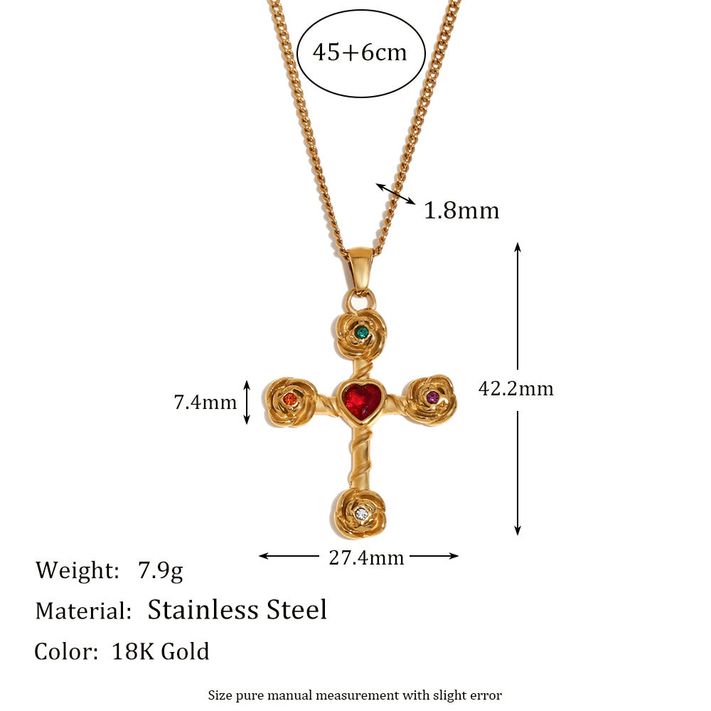 Collana con Pendente a Croce Geometrica Stile Vintage in Acciaio Inossidabile con Placcatura in Oro 18K e Accenti di Strass Colorati