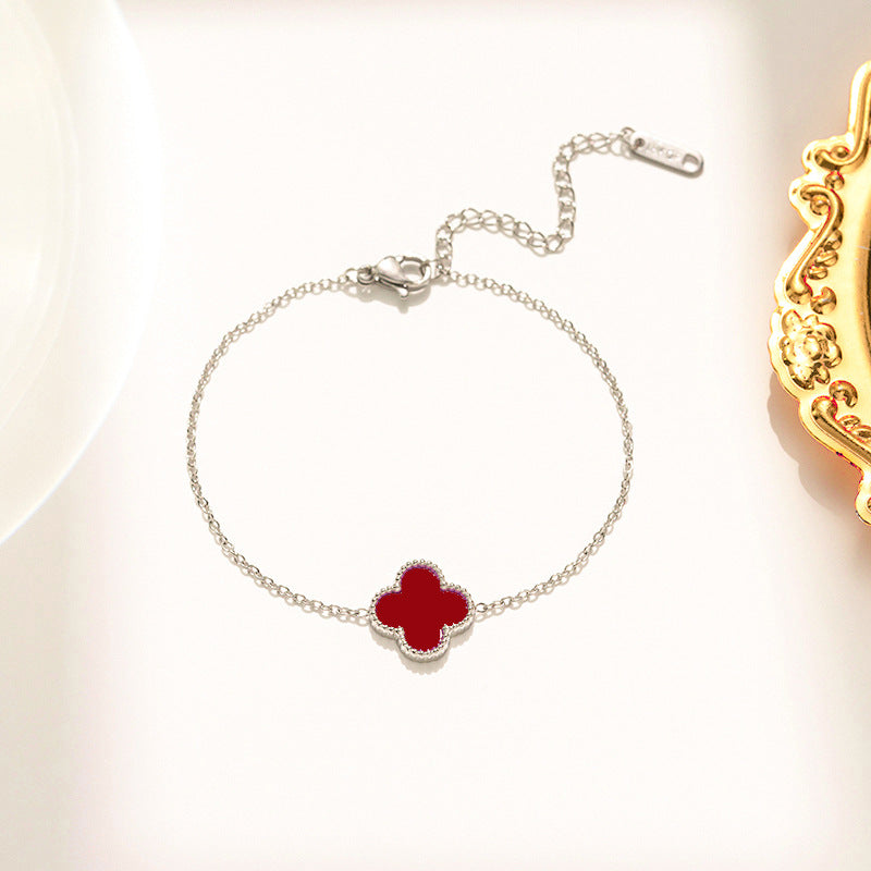 Minimalist Four-Leaf Clover Bracelet in Titanium Steel with Electroplated Finish for Women and Unisex Wear