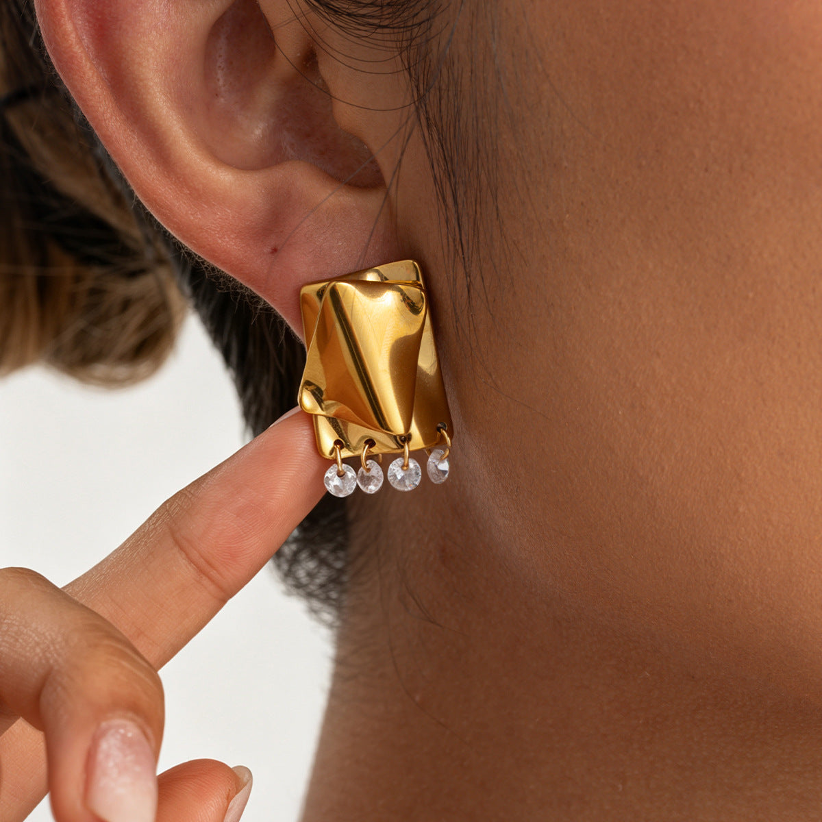 Luxury Elegant Square Geometric Stainless Steel PVD Plated Rhinestone Tassel Earrings for Women