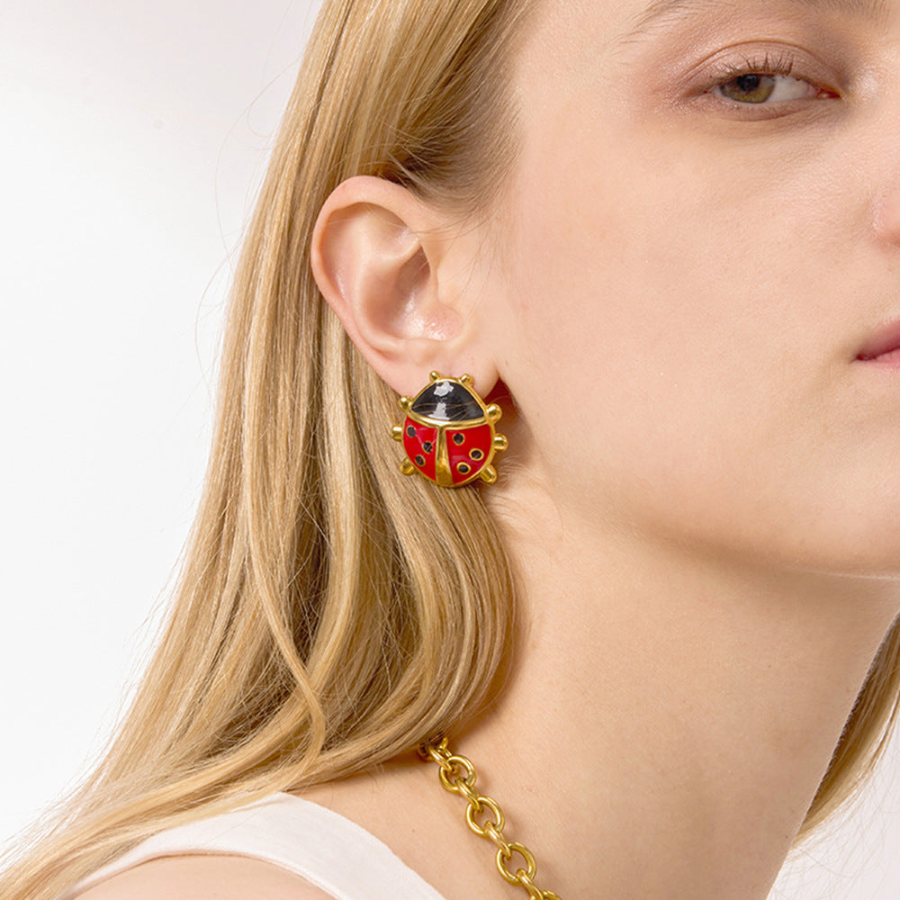 Natural Style Insect-Shaped Enamel Stainless Steel Earrings for Women with Titanium Steel Pendant