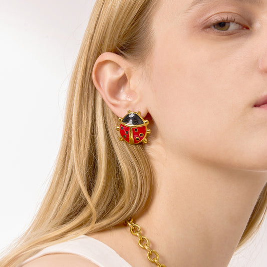 Aretes de esmalte con forma de insecto de estilo natural de acero inoxidable para mujer con colgante de acero de titanio