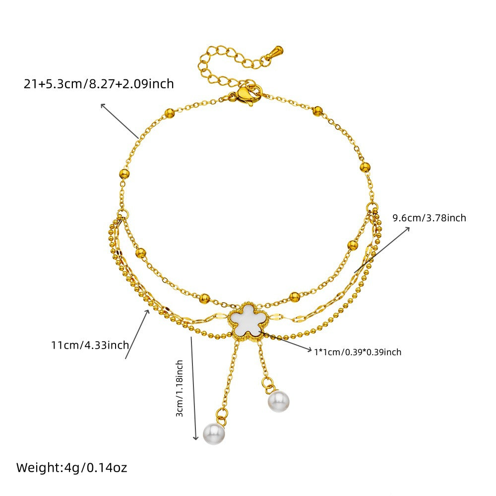 Floral Stainless Steel Anklet with Pearl and Shell Tassel for Women