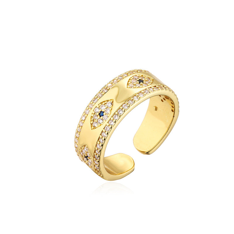Minimalist 18K Gold Plated Brass Geometric Micro-Inlay Cubic Zirconia Evil Eye Ring for Women