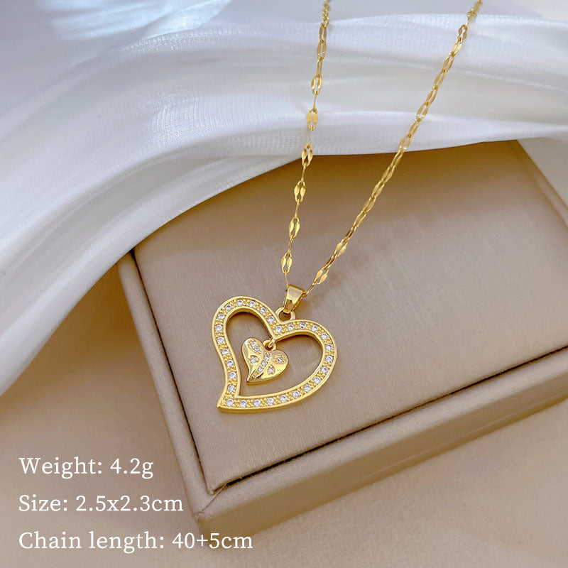Minimalist Double Heart Shaped Titanium Steel Necklace with Zircon Inlay for Women and Men, Delicate Clavicle Chain