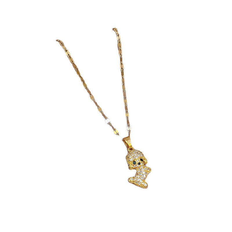 Luxury Cute Geometric Dog Pendant Necklace Titanium Steel Rhinestone Inlaid