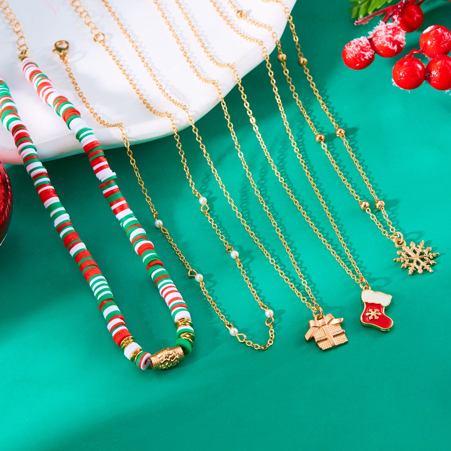 Handmade Crystal Beaded Multi-Layer Choker Necklace Set with Santa Claus and Snowflake Motifs in Geometric and Animal Shapes Alloy Metal with Enamel Finish for Women