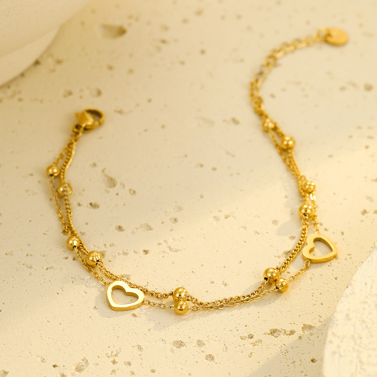 Fashionable Minimalist Double-Layer Heart-Shaped Stainless Steel Bracelet with 18K Gold Plating for Women, Hypoallergenic Valentine's Day Gift