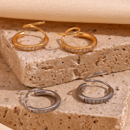Pendientes de Acero Inoxidable Geométricos de Moda con Baño de Oro de 18K y Pedrería Engarzada con CNC para Mujer