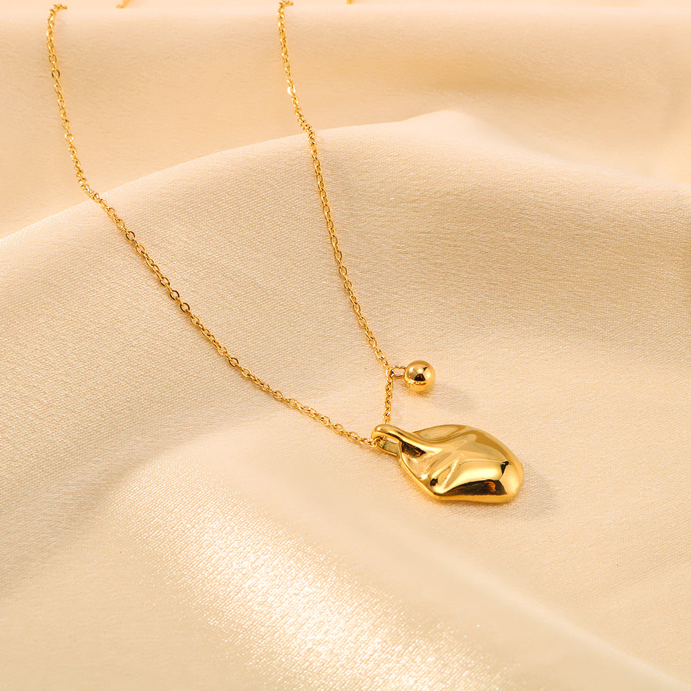 Minimalist Oval Textured Asymmetrical Pendant Necklace in Titanium Steel with 18K Gold Plating for Women