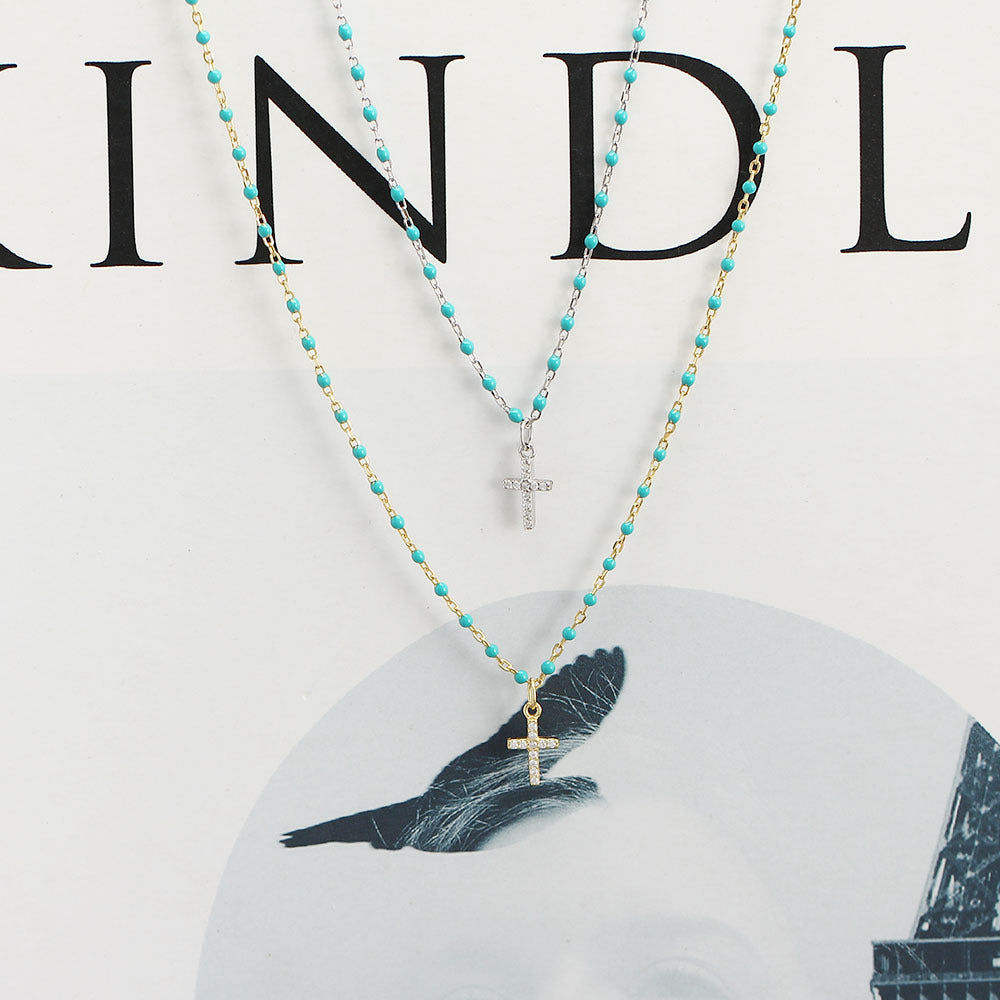 S925 Sterling Silver Cross Pendant Necklace with Rhinestone Inlay, Minimalist Luxury Design for Women, Resin Coated, Fashion Casual