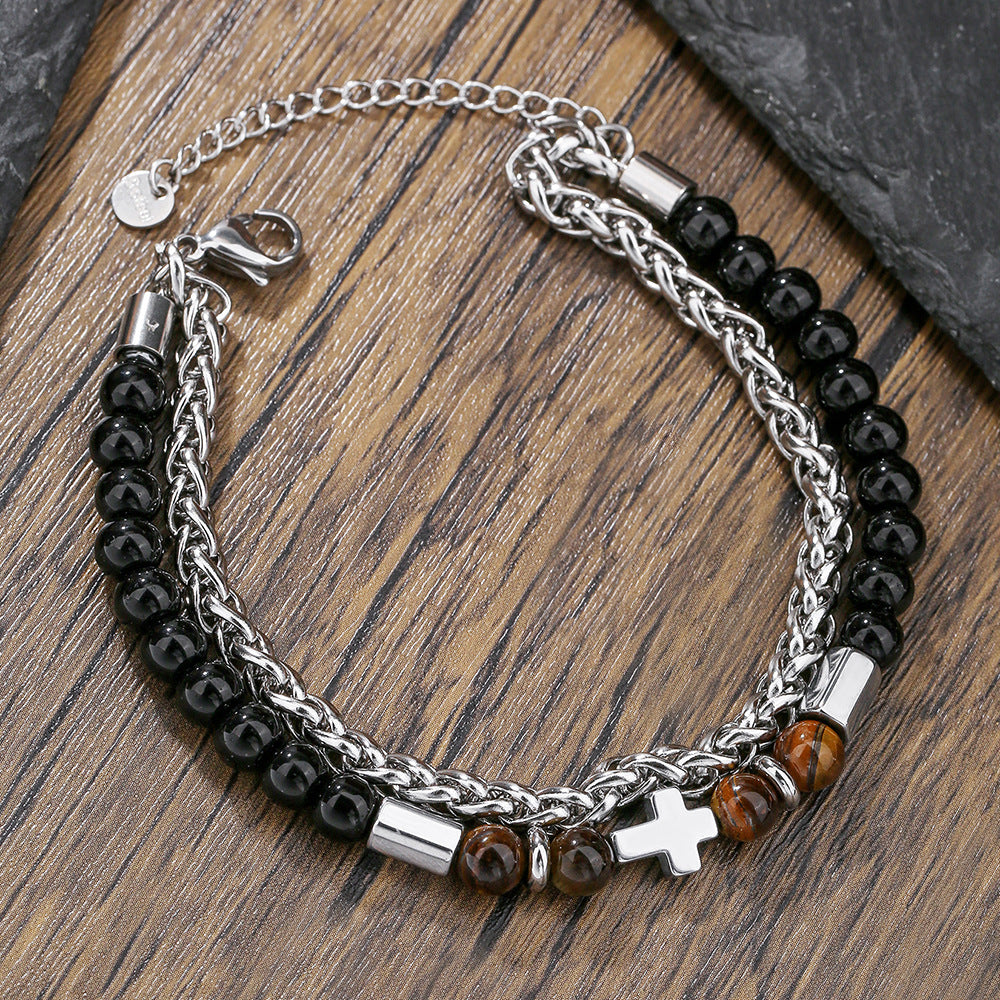 Hip-hop Streetwear Stainless Steel Cross Bracelet with Agate and Tiger's Eye for Men and Women