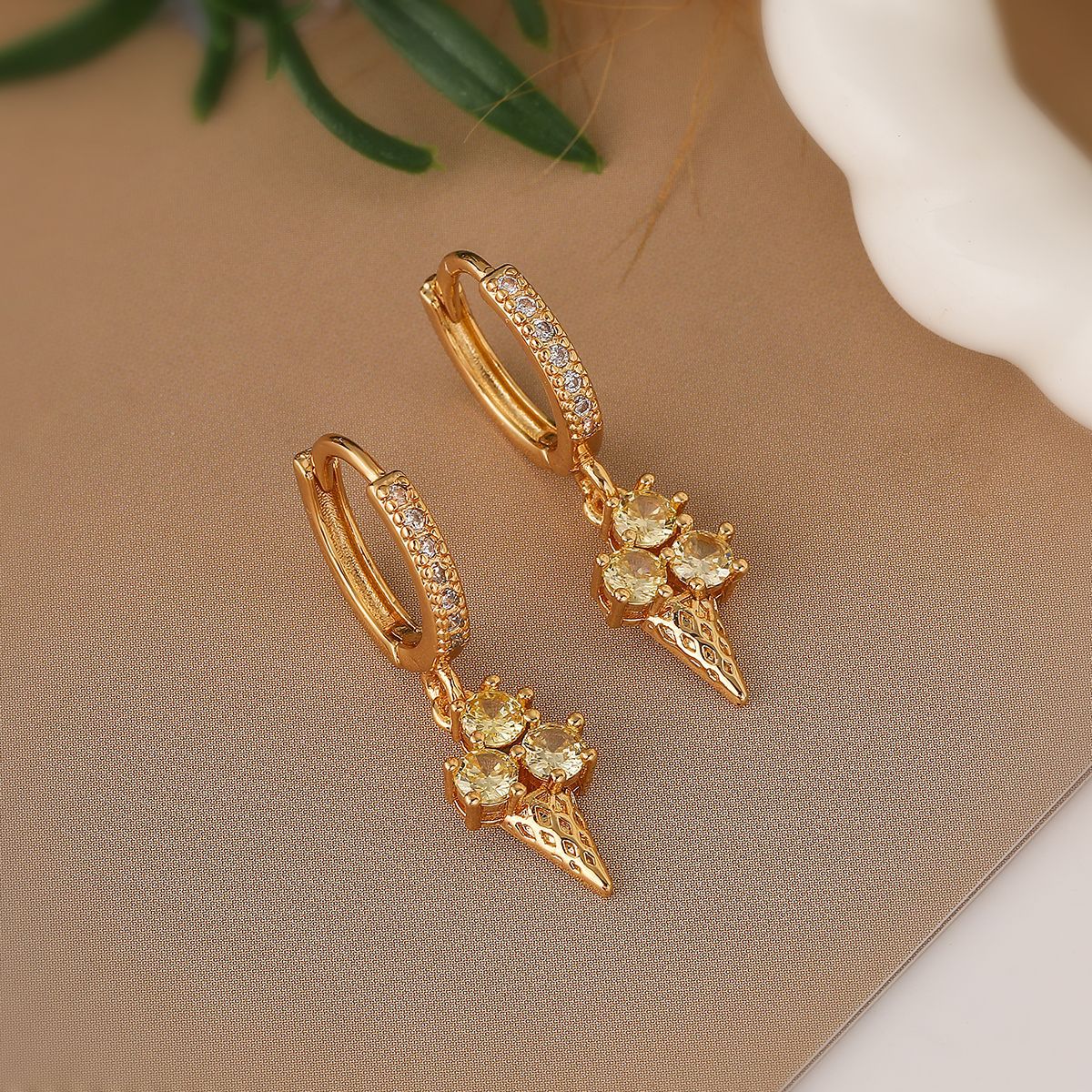 Minimalist Geometric Ice Cream Shaped Copper Earrings with Real Gold Plating and Zircon Accents for Women
