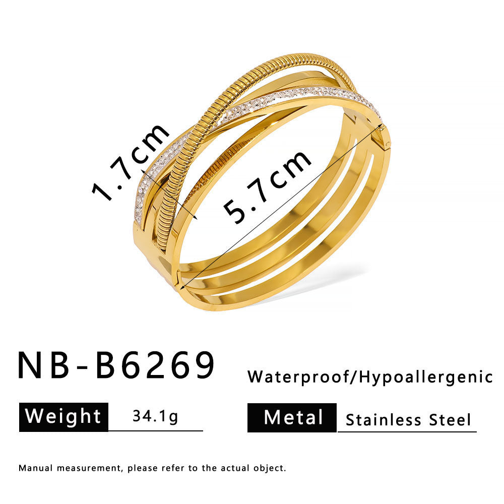 Vintage Geometric Stainless Steel Hollow Bracelet with Rhinestone Inlay and 18K Gold Plating