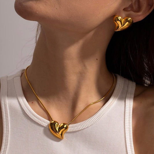 Minimalist Heart-Shaped Titanium Steel Necklace and Earrings Set with Plated Finish for Women