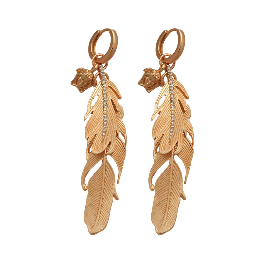 Pendientes de tuerca retro franceses de aleación con forma de pluma e incrustaciones de diamantes de imitación para mujer, joyería única y minimalista de lujo para la oreja