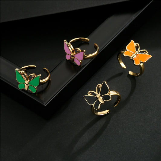 18K Gold Plated Brass Drip Oil Butterfly Open Ring for Women