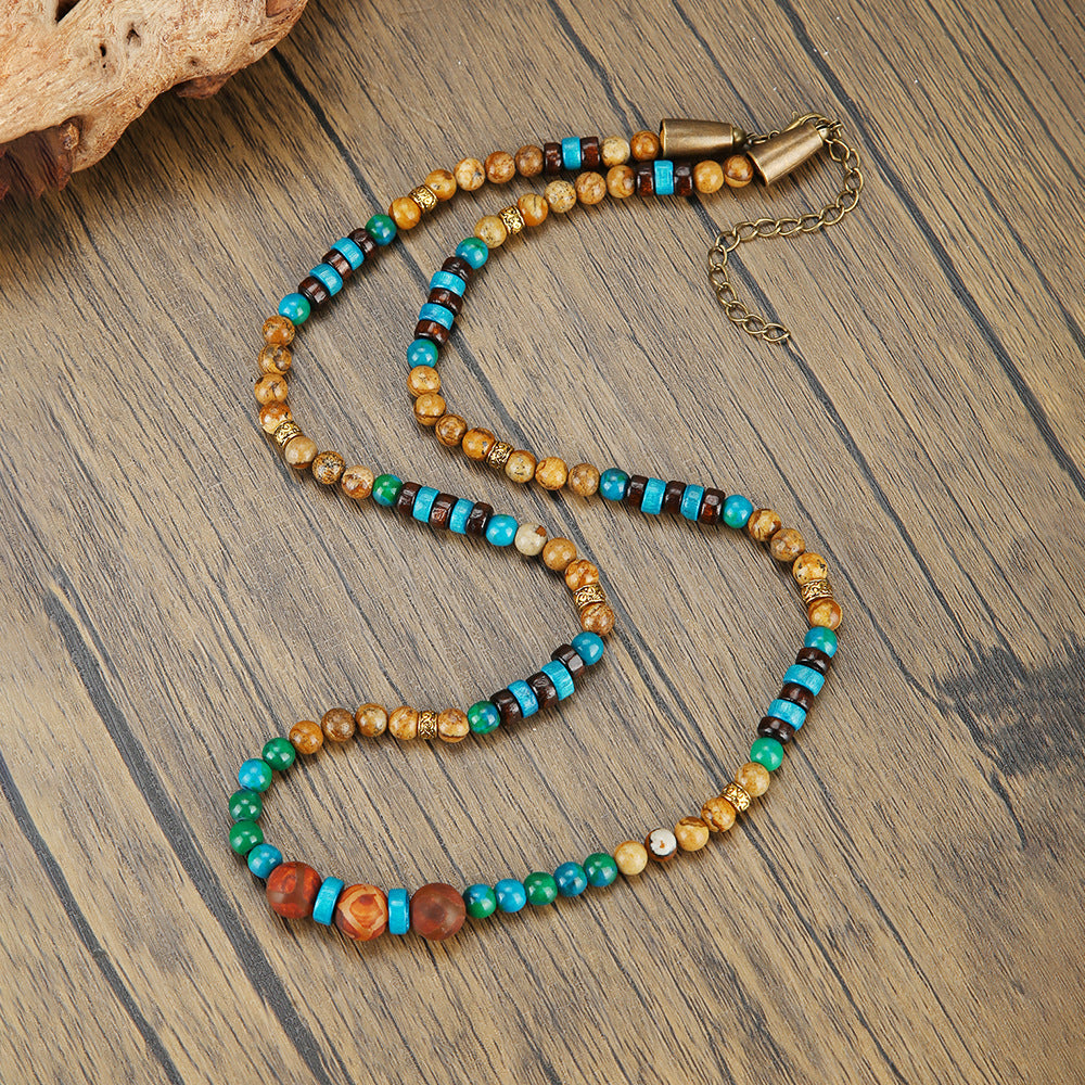 Vintage Geometric Natural Stone and Wood Bead Ball Chain Necklace Unisex